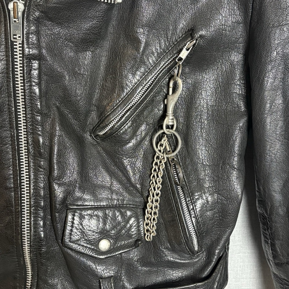Vtg 90's Black Leather Moto Jacket  Heavy Weathered + Harley Trucker Wallet Sz L - Picture 5 of 16